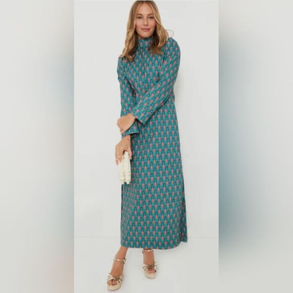 TUCKERNUCK Hyacinth House Teal Red Floral Mock Neck Maris Dress - Size Medium - Picture 1 of 13